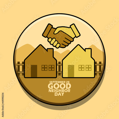 Neighboring house icon with handshake and bold text in circle pin on light brown background to commemorate National Good Neighbor Day on September 28