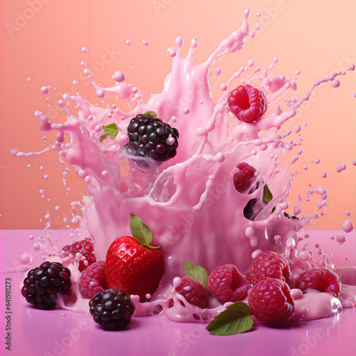 Strawberries, raspberries, blueberries and cherries falling in a splash of milk, illustration