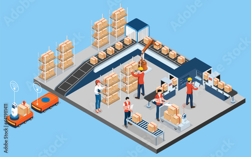 3D isometric logistics Warehouse Work Process Concept with Transportation operation service, Export, Import, Cargo, Forklift, Delivery Truck. Vector illustration EPS 10