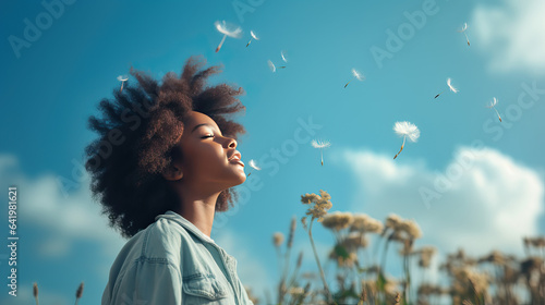 Fototapeta Naklejka Na Ścianę i Meble -  African-American girl standing in summer meadow in front of blue sky background looking at sun, freedom concept, African female teenager, beauty photo portrait