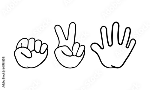 hand drawn illustration of scissors, rock and paper hand on a white background