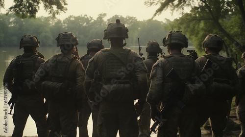Cinematic picture of the group of special forces posing for a photo when turned with their backs to the camera looking on the river in front of them