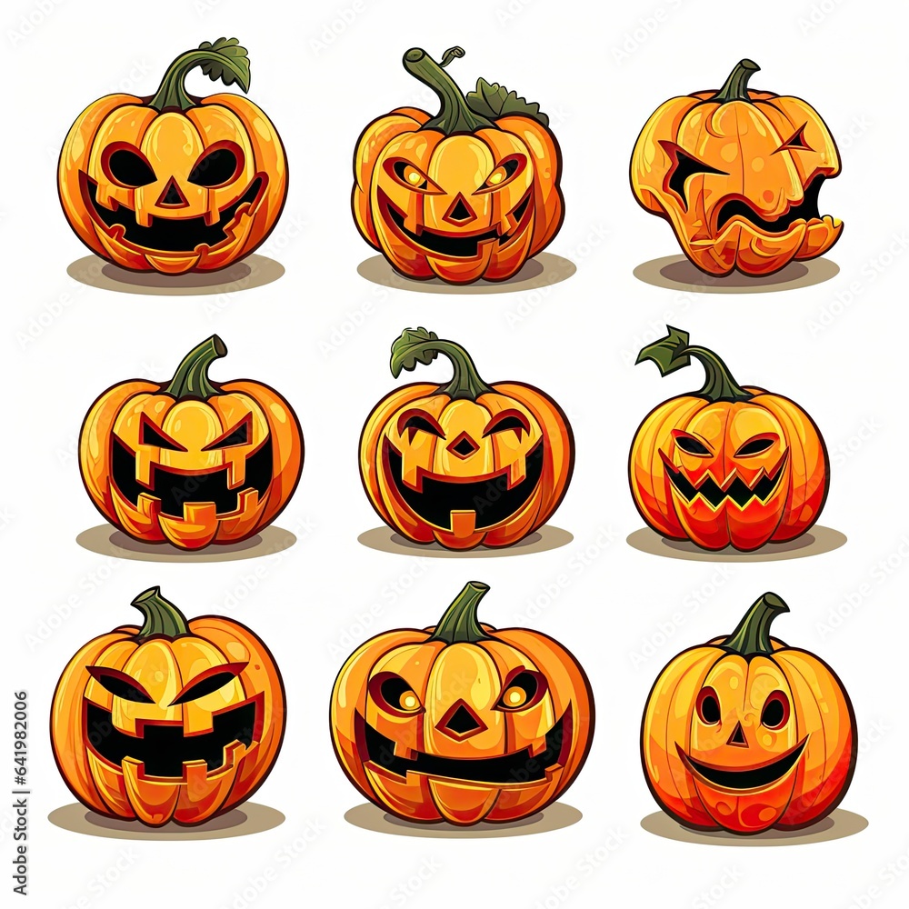 Pumpkins faces in a Halloween-style on a light background. Generative AI Pumpkins faces in a Halloween-style on a light background. Generative AI