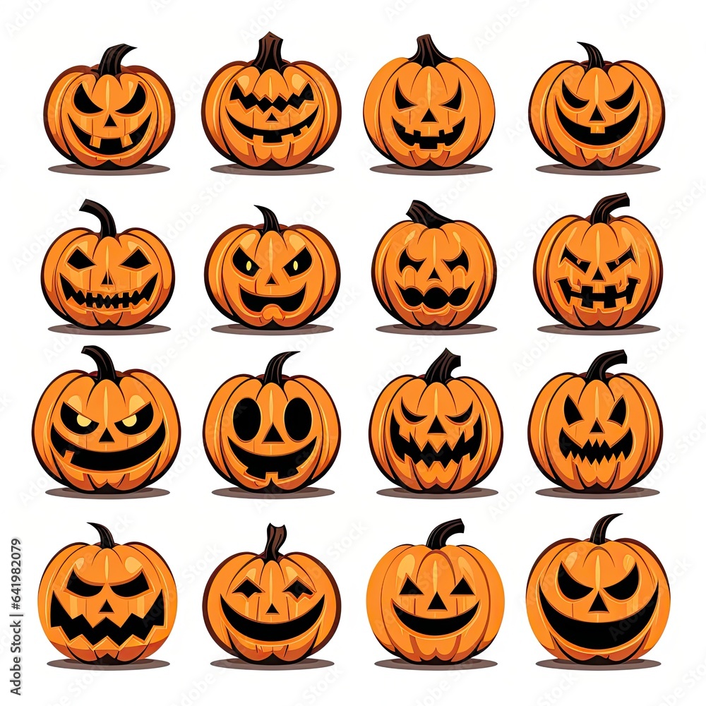 Pumpkins faces in a Halloween-style on a light background. Generative AI Pumpkins faces in a Halloween-style on a light background. Generative AI