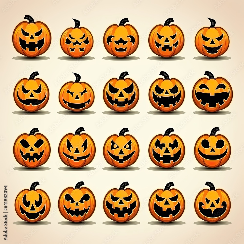 Pumpkins faces in a Halloween-style on a light background. Generative AI Pumpkins faces in a Halloween-style on a light background. Generative AI