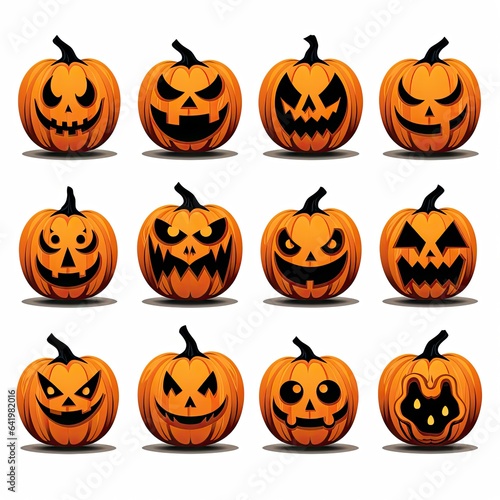 Pumpkins faces in a Halloween-style on a light background. Generative AI © Gelpi