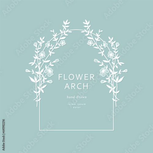 Elegant frame with an arch of delicate flowers and leaves on a blue background. Vector template with floral silhouette. Botanical illustration for label, wedding invitation, save the date, logo