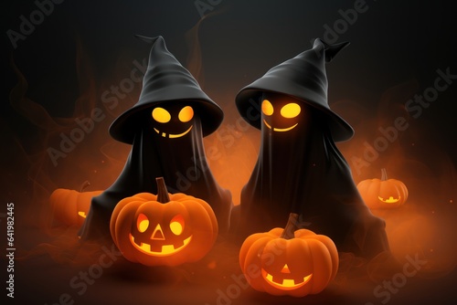 Pumpkins with witch hats on halloween background Generative AI.