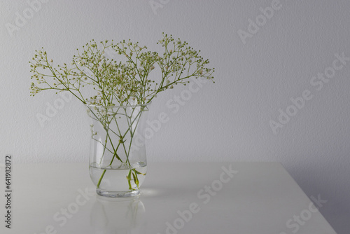 White flowers in glass vase and copy space on white background