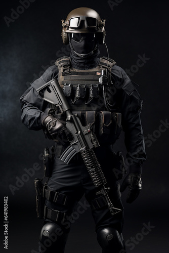 Furious elit soldier with full equip with tactical rifle on black background  © jazimsenpai