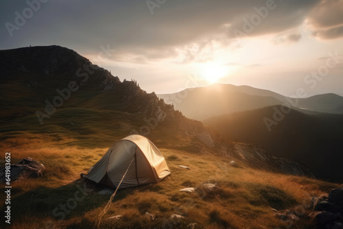 The perfect getaway  a picturesque tent surrounded by stunning mountain ranges  set against the backdrop of a beautiful sunset. AI Generative.