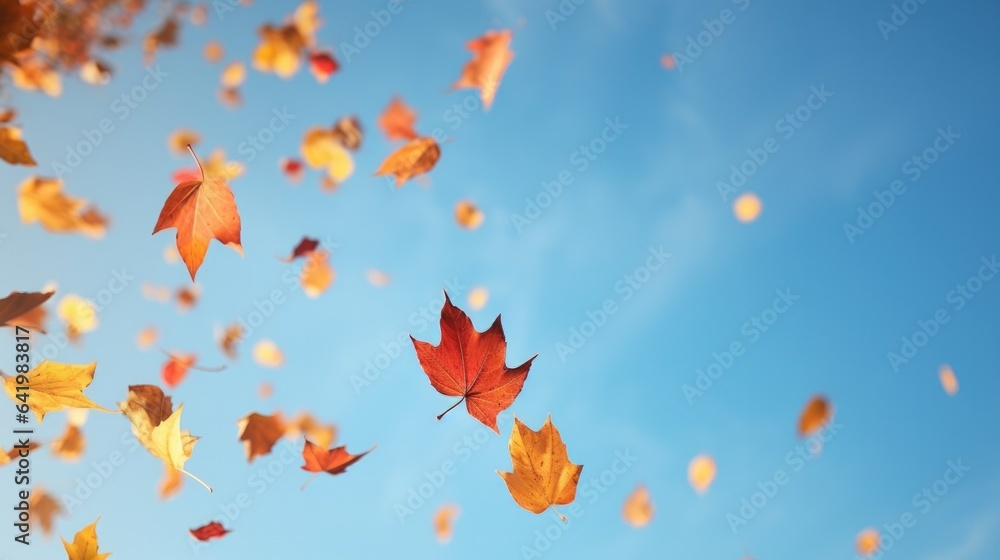 Fallen leaves falling from trees background sky. Falling autumn beech leaves against clear blue sky.