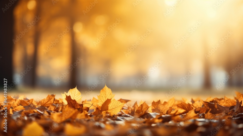 Beautiful autumn landscape with yellow leaves and sun. Colorful foliage in the park. Falling leaves natural background.