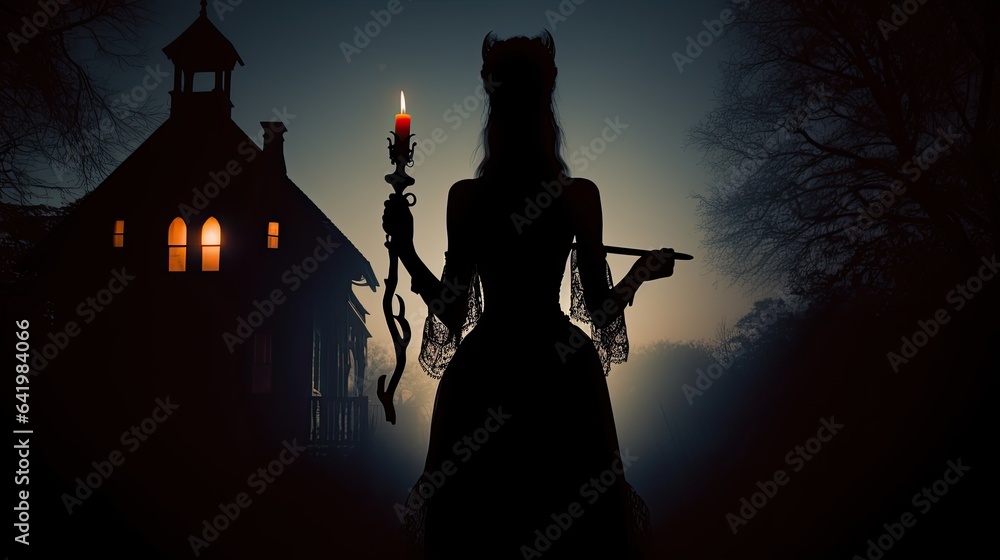 Model's silhouette, holding a knife or candelabra, against a haunted house backdrop