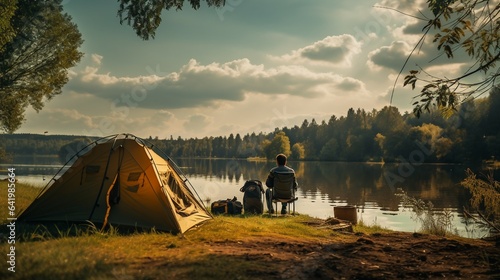 Fototapeta Naklejka Na Ścianę i Meble -  Fisherman camping fishing lake camp