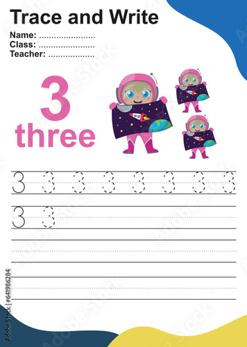 Number three tracing practice worksheet with three little astronaut girl holding the exploration space banner. Page for kids learning to count and to write. Vector Illustration. 