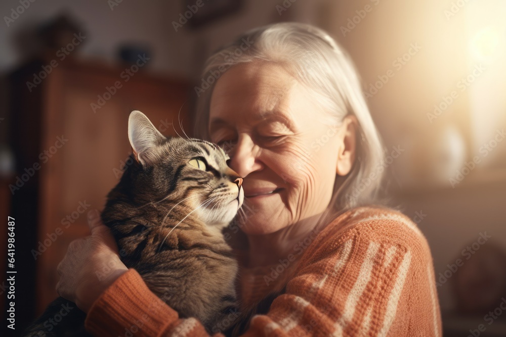 Aged woman hugs cat. Generate Ai
