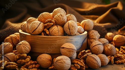 fresh walnuts in a jute sack after harvesting