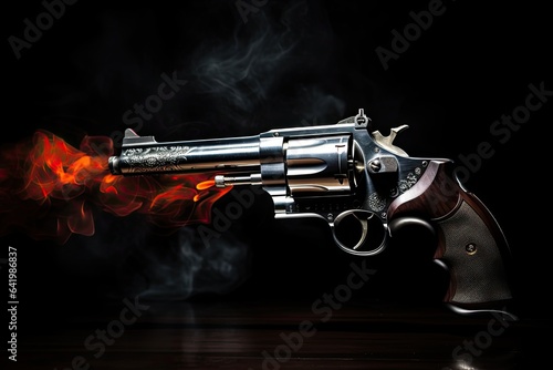 A cold revolver with fire. Self defense weapon concept. Black background. Generative AI