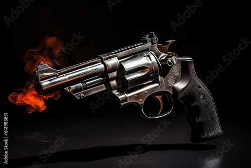 A cold revolver with fire. Self defense weapon concept. Black background. Generative AI