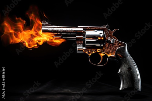 A cold revolver with fire. Self defense weapon concept. Black background. Generative AI