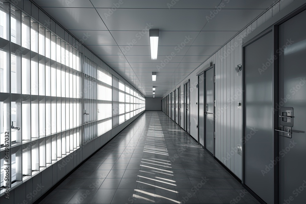 Long modern corridor with bars. Generative AI Long modern corridor with bars. Generative AI