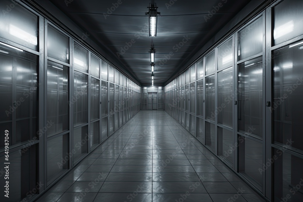 Long modern corridor with bars. Generative AI Long modern corridor with bars. Generative AI