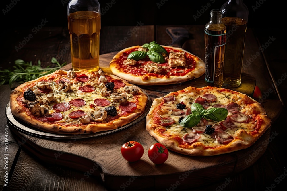 Tasty pizzas and beers on a wooden board with dark background. Generative AI