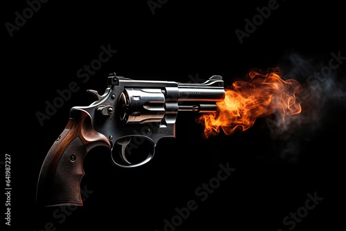 A cold revolver with fire. Self defense weapon concept. Black background. Generative AI