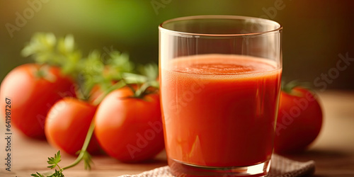 photograph of Tomato juice. Fresh red tomato detox juice in glass.generative ai