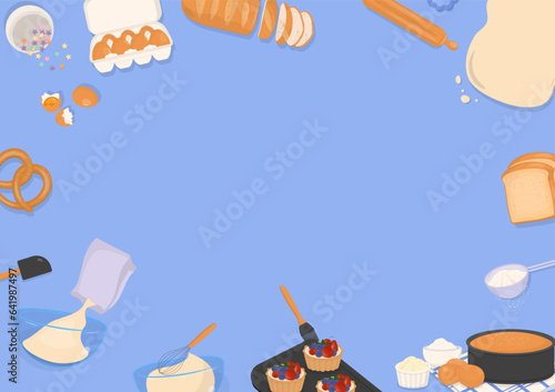Baked pastry and ingredients on blue background