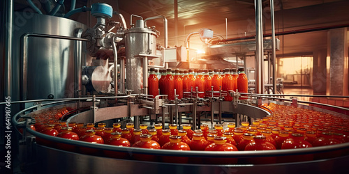 photograph of Tomato juice filling machine in industrial plants.generative ai