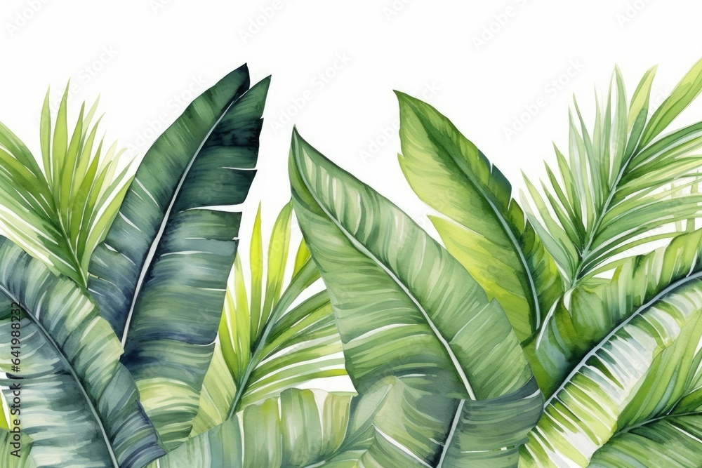 Tropical palm and banana leaves. Jungle wallpaper. Isolated watercolor ...