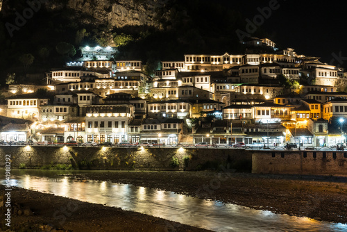 The illuminated historic city of Berat in Albania, UNESCO, the city of a thousand windows