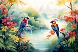 Watercolor tropical summer paradise scene with river, leaves. flowers, and birds. Generative AI