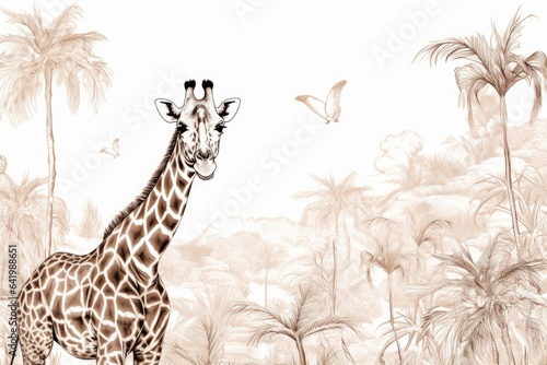 Safari Wildlife Cheetah  Giraffe in Exotic African Plants Engraving Doodle Drawing  Tropical Wallpaper Mural Toile Seamless Pattern  Generative AI