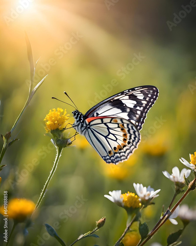 a butterfly sits on a flower in a meadow in the warm morning light - generative ai © Martin