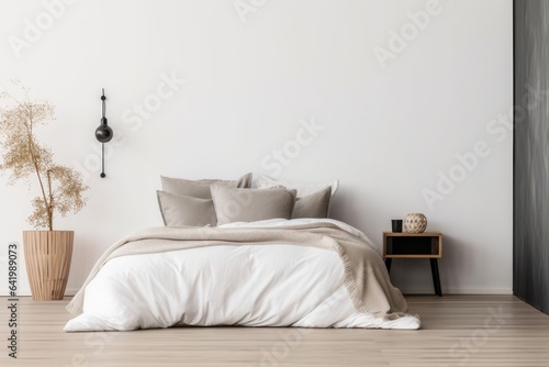 Wallpaper presentation mock up. Beautiful bedroom furniture and home accessories on background. Copy space for wallpaper, wall panels, photo wallpaper, print or paint. Interior mockup, Generative AI © Visual Wonders