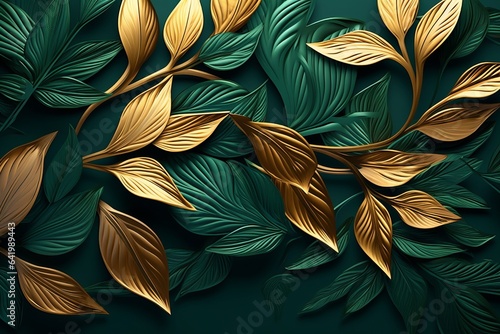 Leaves background. 3d mural floral wallpaper. golden and green f leaves  Generative AI