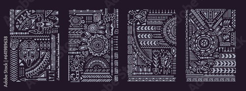 Ethnic ornaments posters. Ancient aztec, maya, cherokee wall art. Traditional african, mexican tattoo print. Abstract tribal shapes, figures for interior decoration. Flat isolated vector illustration