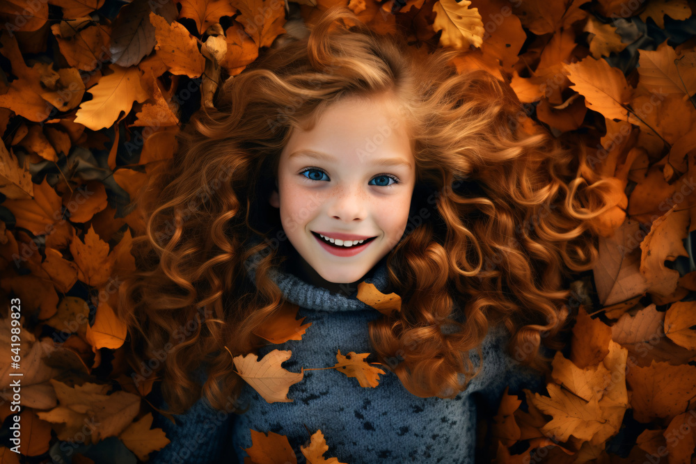 Cute ginger girl laying in autumn leaves 
