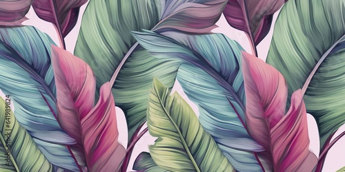 Tropical exotic luxury seamless pattern with pastel color banana leaves, palm, colocasia. Hand-drawn 3D illustration. glamorous art design. Good for wallpapers, cloth fabric printing, Generative AI