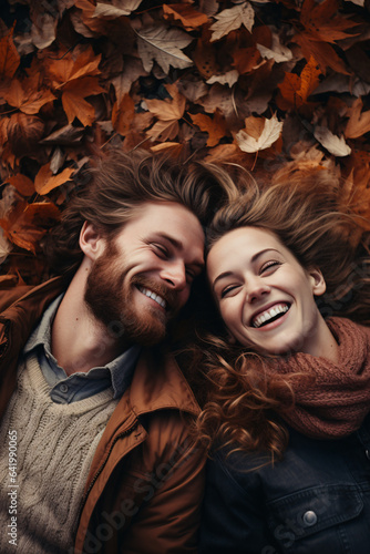Romantic image of a happy couple laying in autumn leaves 
