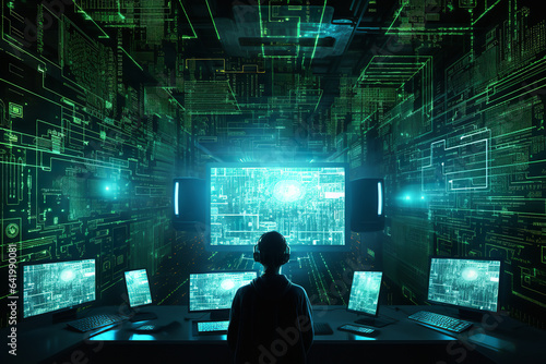 A technologically advanced room overflows with projections of binary code and innovative interfaces, revealing a hacker's digital workspace © Davivd