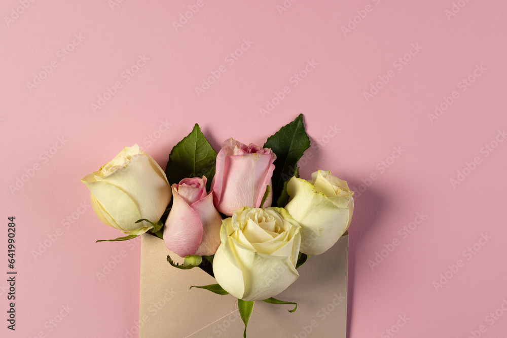 Fototapeta premium White and pink rose flowers in brown envelope and copy space on pink background
