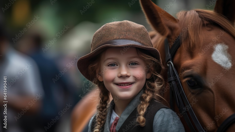 Portrait of a little girl in a hat with a horse.