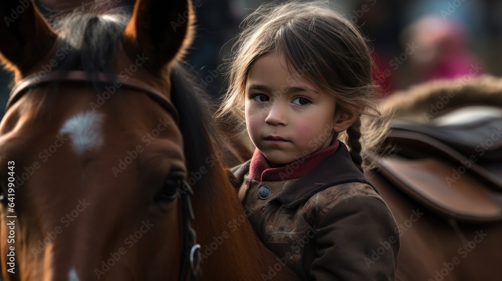 Little girl on horseback, close-up portrait, selective focus