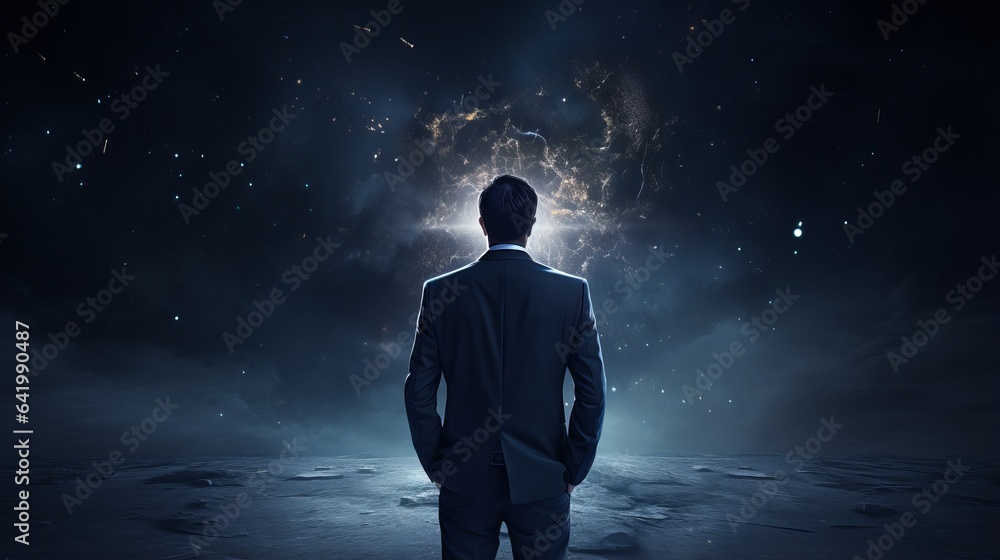 Obraz premium businessman with question mark overhead - concept of searching for a solution and doubt on dark blue background