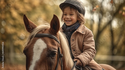Little girl riding a horse in the autumn park. Portrait of a child on a horse.