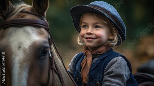 Cute little girl riding a horse in the park. Outdoor portrait. © John Martin